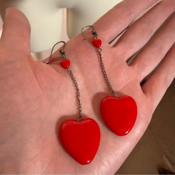 Vintage Red glass Heart Sterling silver oversized Modernist dangle Earrings - Picture 6 of 15